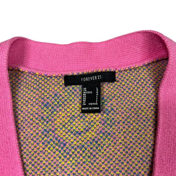 Forever 21 AOP Happy Face Floral V-Neck Cropped Cardigan Sweater FLAW Pink Large - Picture 5 of 6